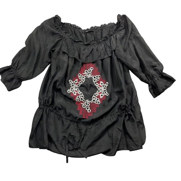 Ju's Black Embroidered Design 3/4 Sleeve 100% Silk Draw String (see measurements - Picture 1 of 6